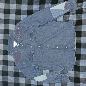 Calvin Klein Jeans. Denim, snap-button shirt. Patchwork flare. Women's Large.